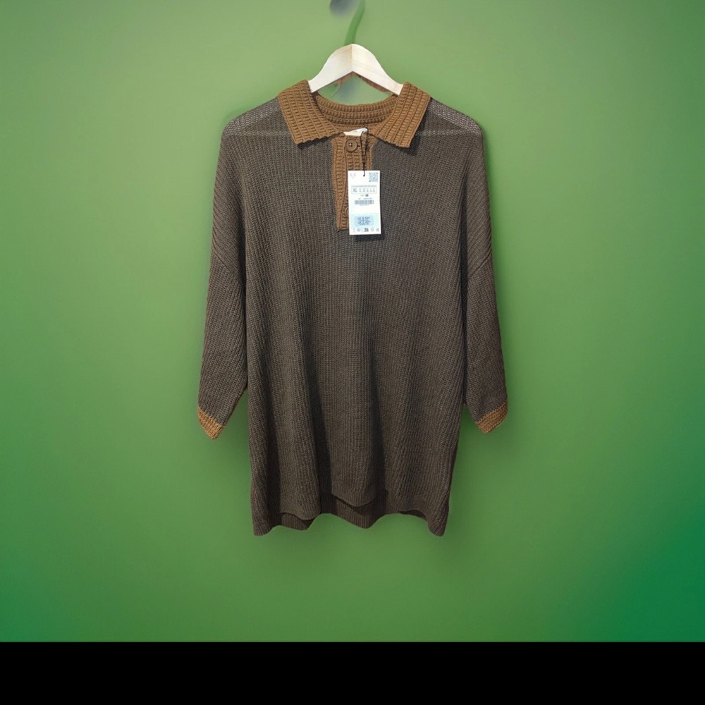 Zara Men Shirt Sleeve Sweater Olive Green W Brown XL NET